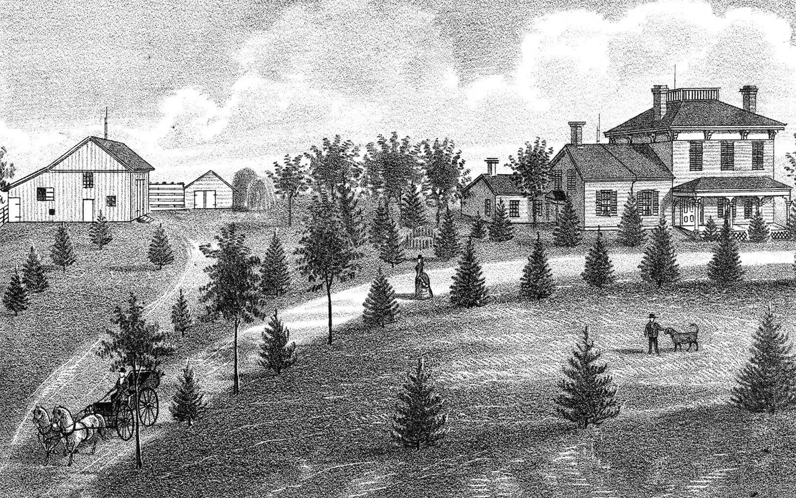 Black and white illustration of a four-square style house, with two additions to the left. There is a barn and shed to the far left of the image, many small trees, a man with a dog, and a horse-drawn carriage moving away from the house.