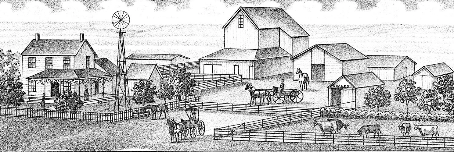 Black and white illustration of a farmhouse with many trees, three barns, and a windmill.