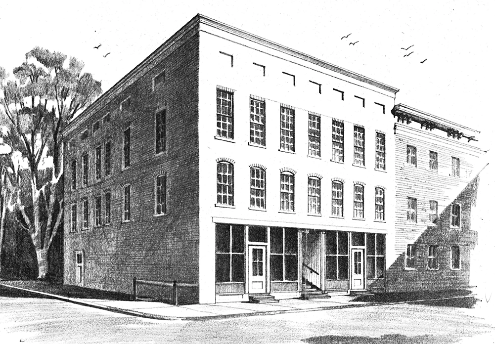 Black and white drawing of a three story building with large front window and two entrances.
