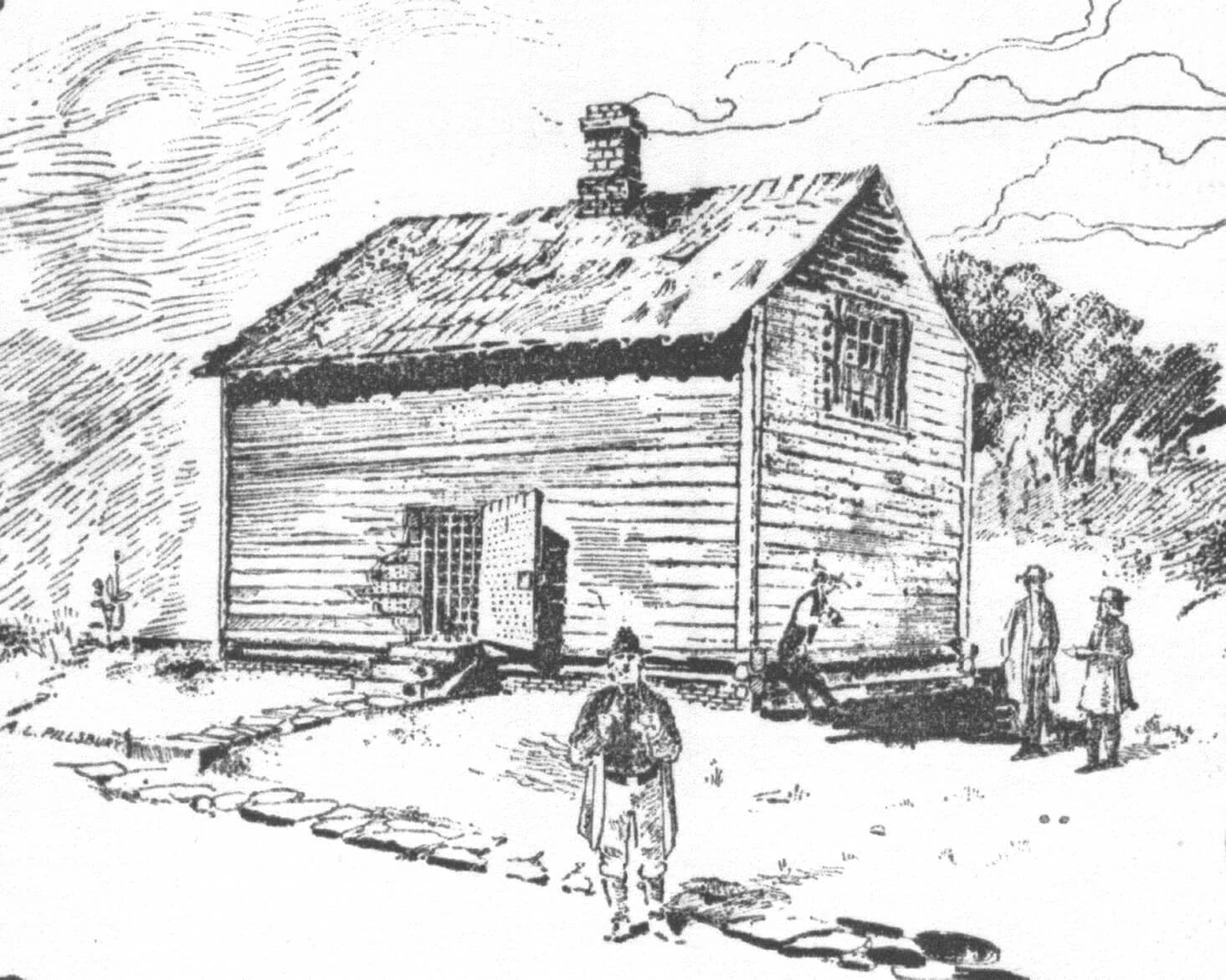 Black and white sketch of cabin with barred door and window, people mill about outside.