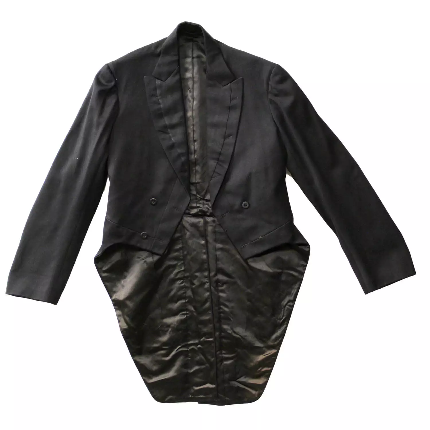 black long sleeved jacket that is much longer in the back than in the front.