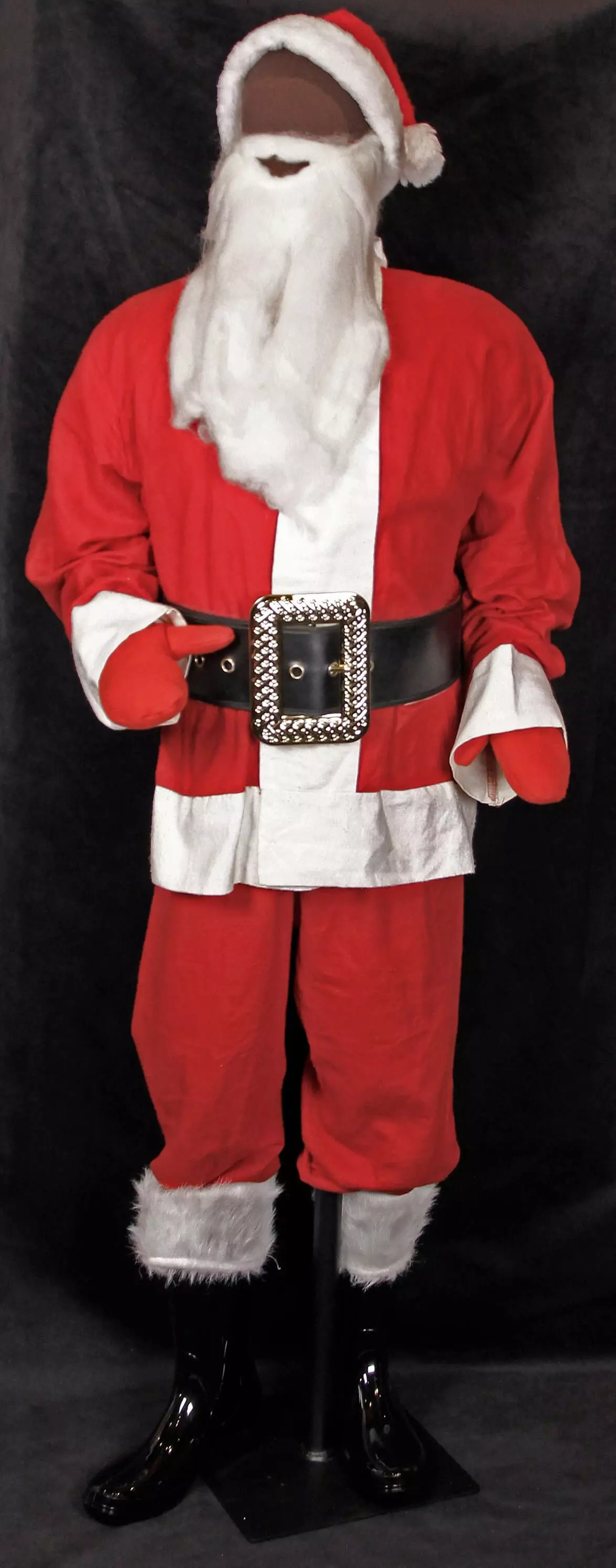 Red and white santa suit with black and gold wide belt and black boots.