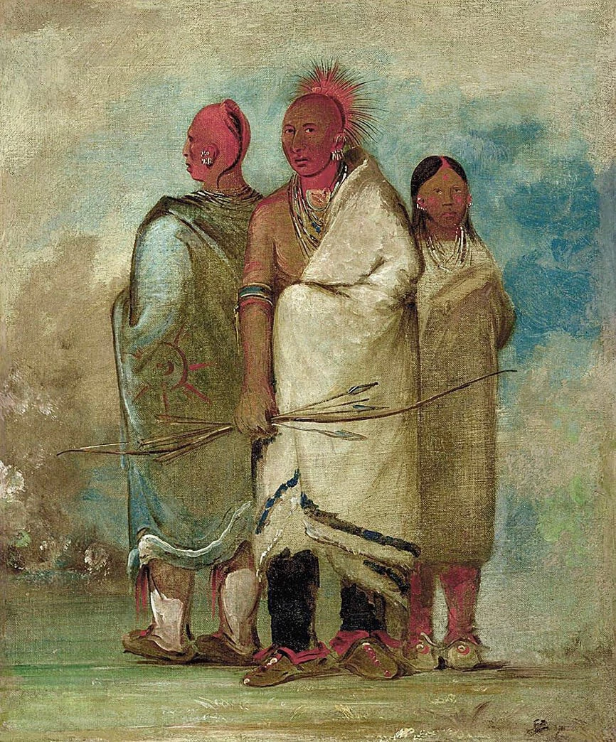 Painting of three Native Americans in traditional dress standing in front of a cloudy sky.