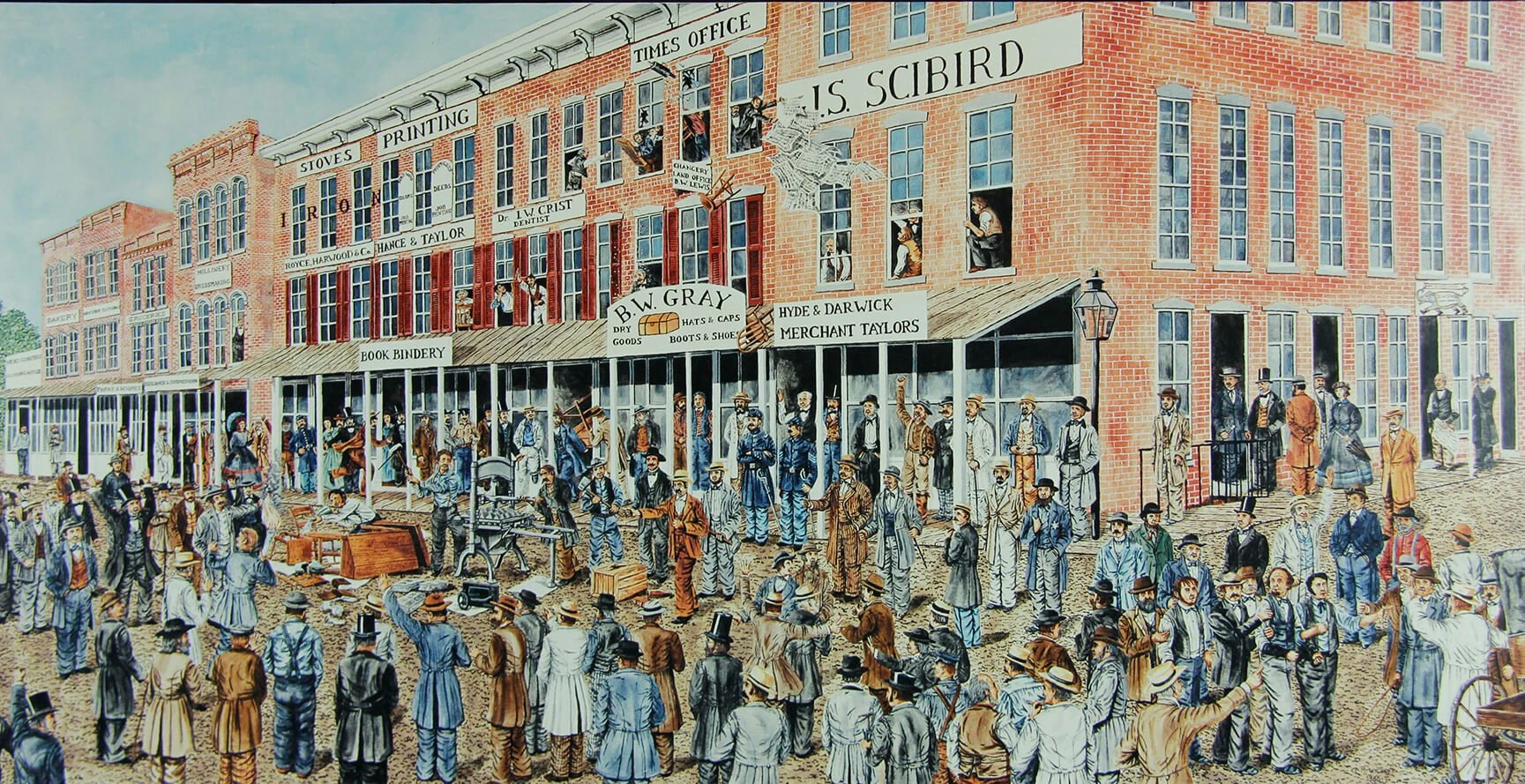 Color illustration of a large crowd of people in the street in front of the Bloomington Times building. People can be seen throwing equipment from upper windows.