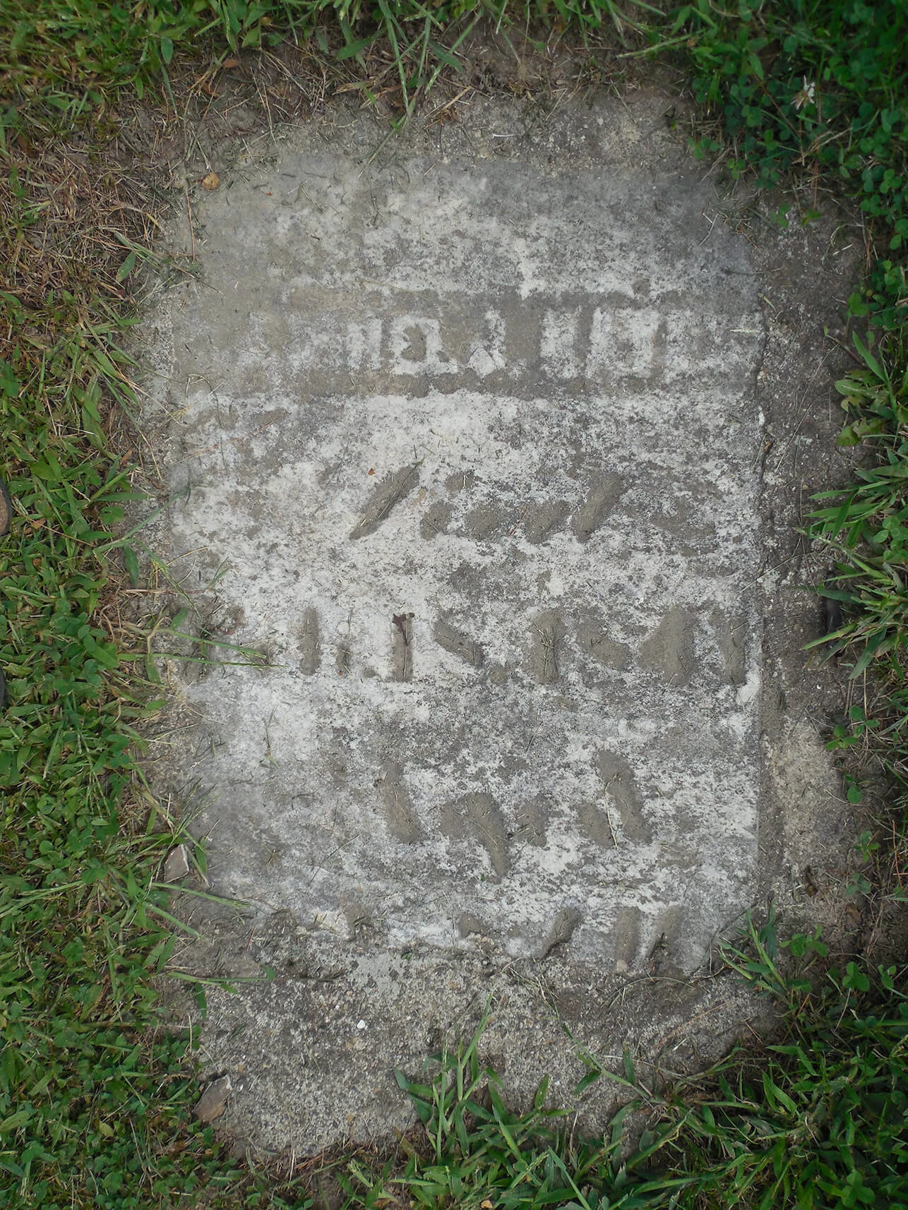 Worn flat headstone surrounded by grass.