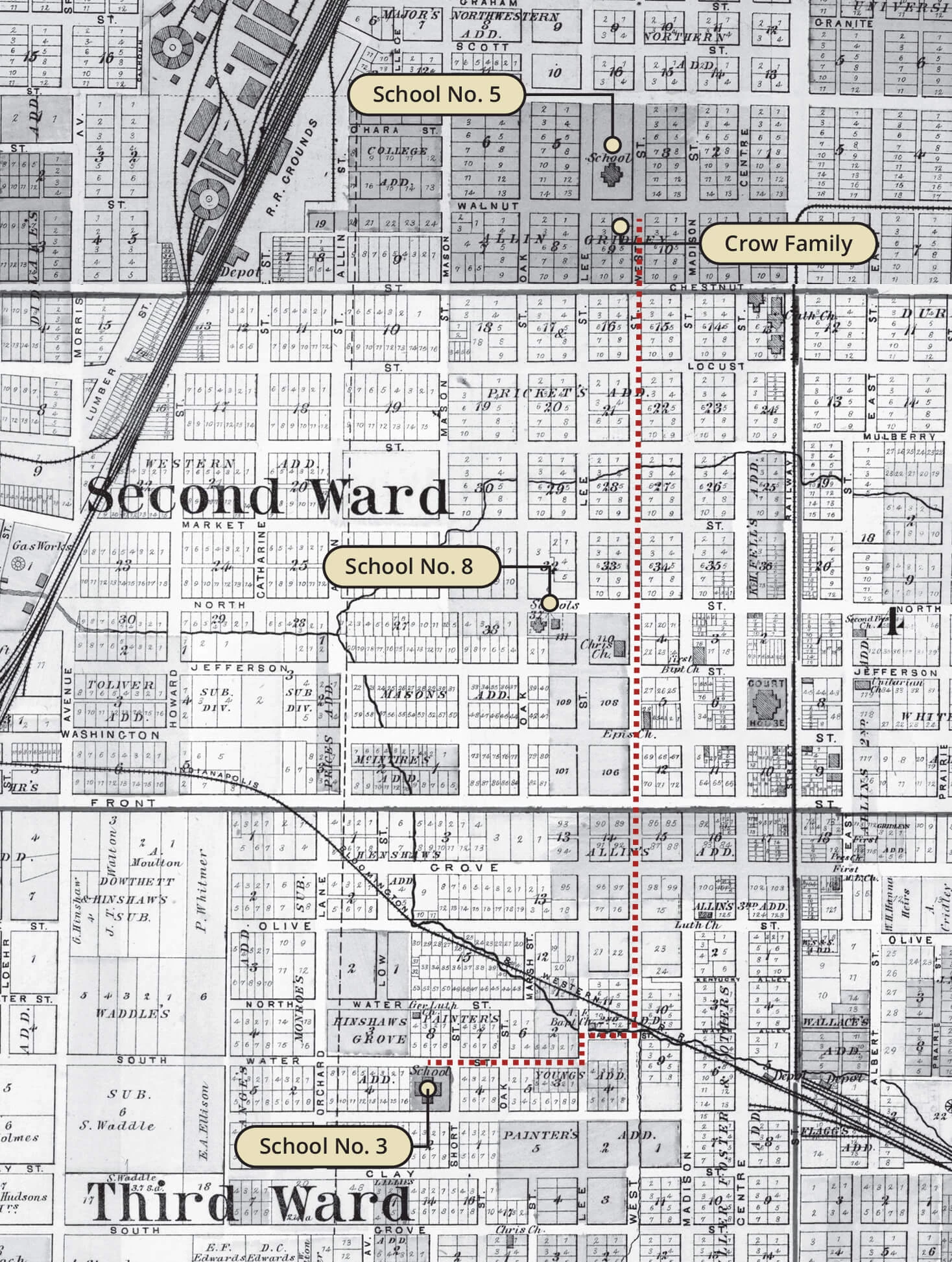 Map of the west side of Bloomington. A dotted line shows that the children had to walk over 14 blocks to school.
