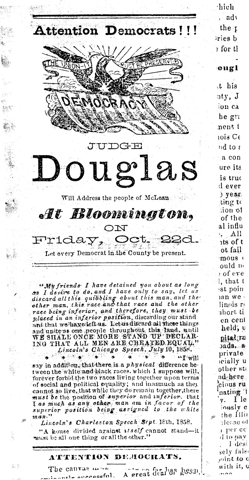 Printed notice reading ‘Attention Democrats’ announcing an upcoming Douglas address in Bloomington.