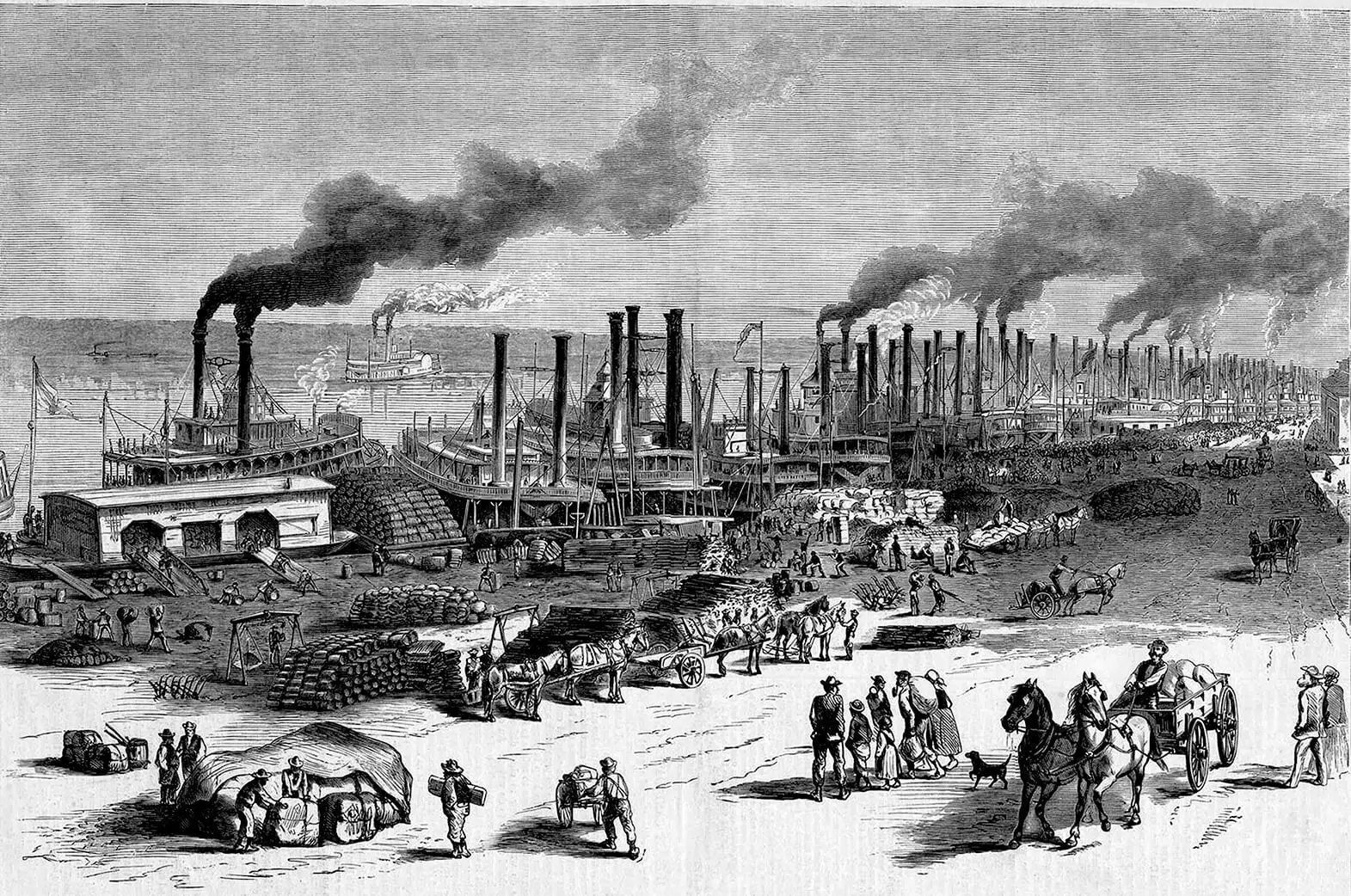 Black and white illustration of steamboats on a riverbank.