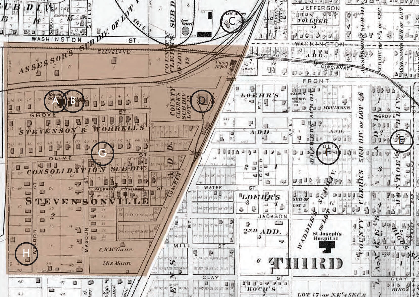plat map with an area of the West side of Bloomington shaded, indicating the neighborhood.