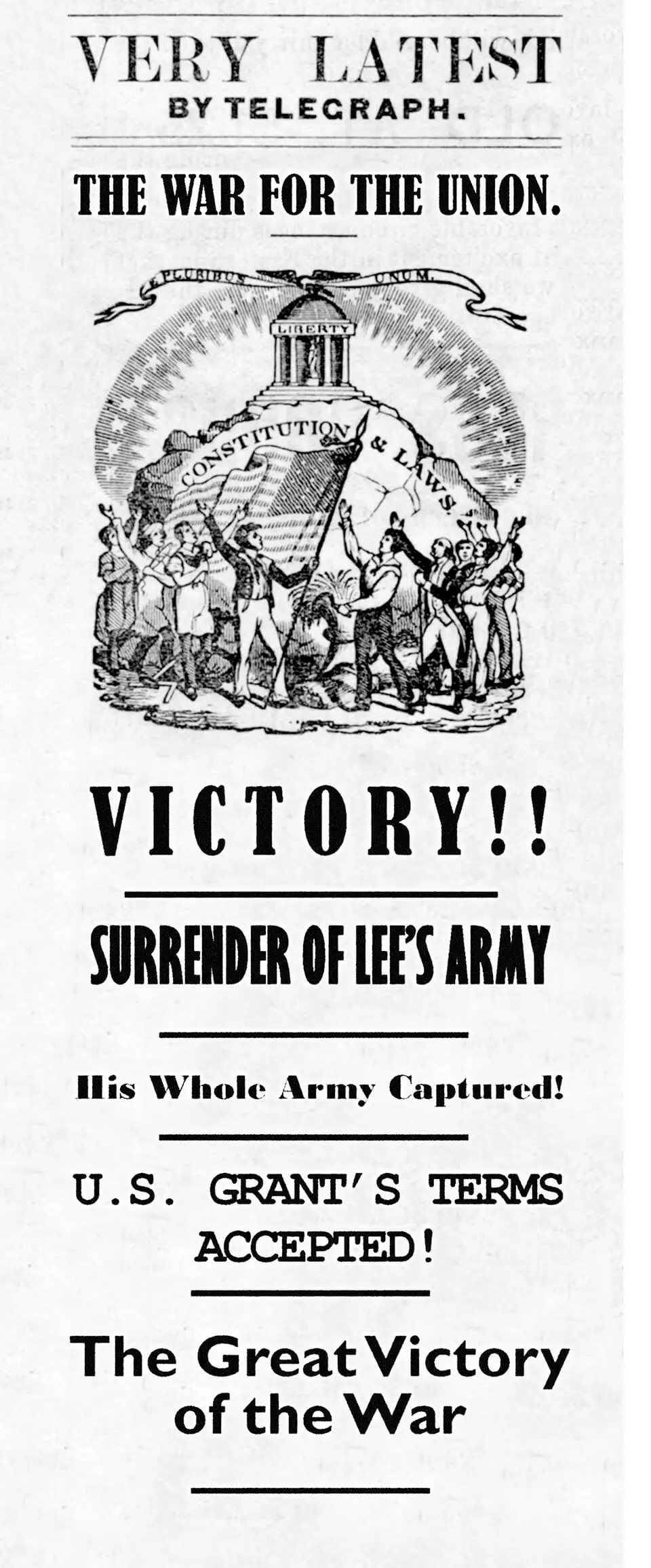 Newspaper clipping announcing “The Great Victory of the War” with different fonts and a celebratory drawing.