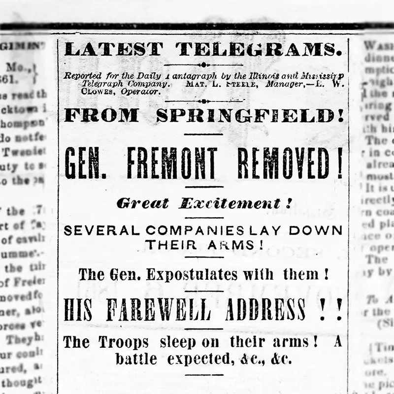 Newspaper clipping announcing removal of union General Fremont.
