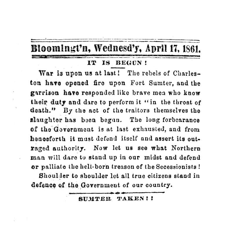Newspaper clipping announcing the beginning of the Civil War.