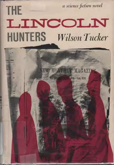 beige and maroon book cover, there is a wrinkled looking newspaper, in front of the paper are the maroon silhouettes of 4 people.