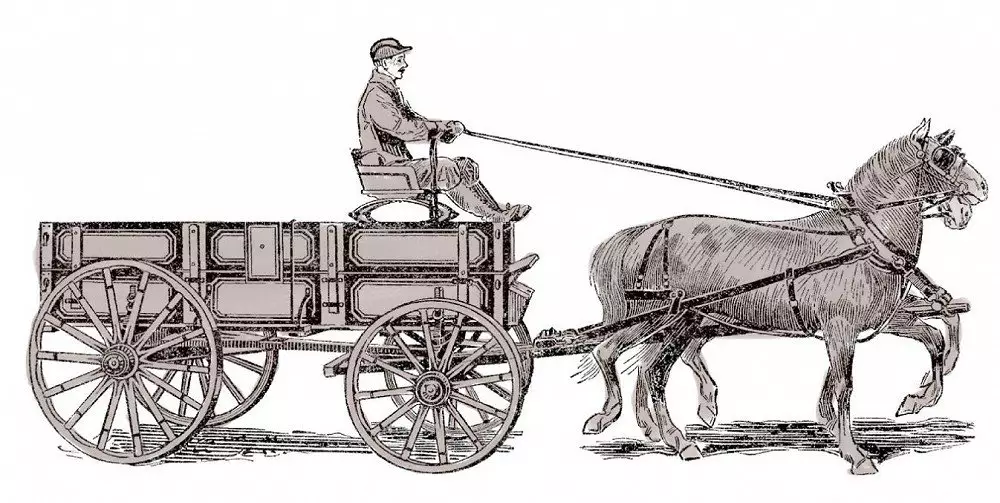 Illustration of a man riding a carriage that is being pulled by two horses.