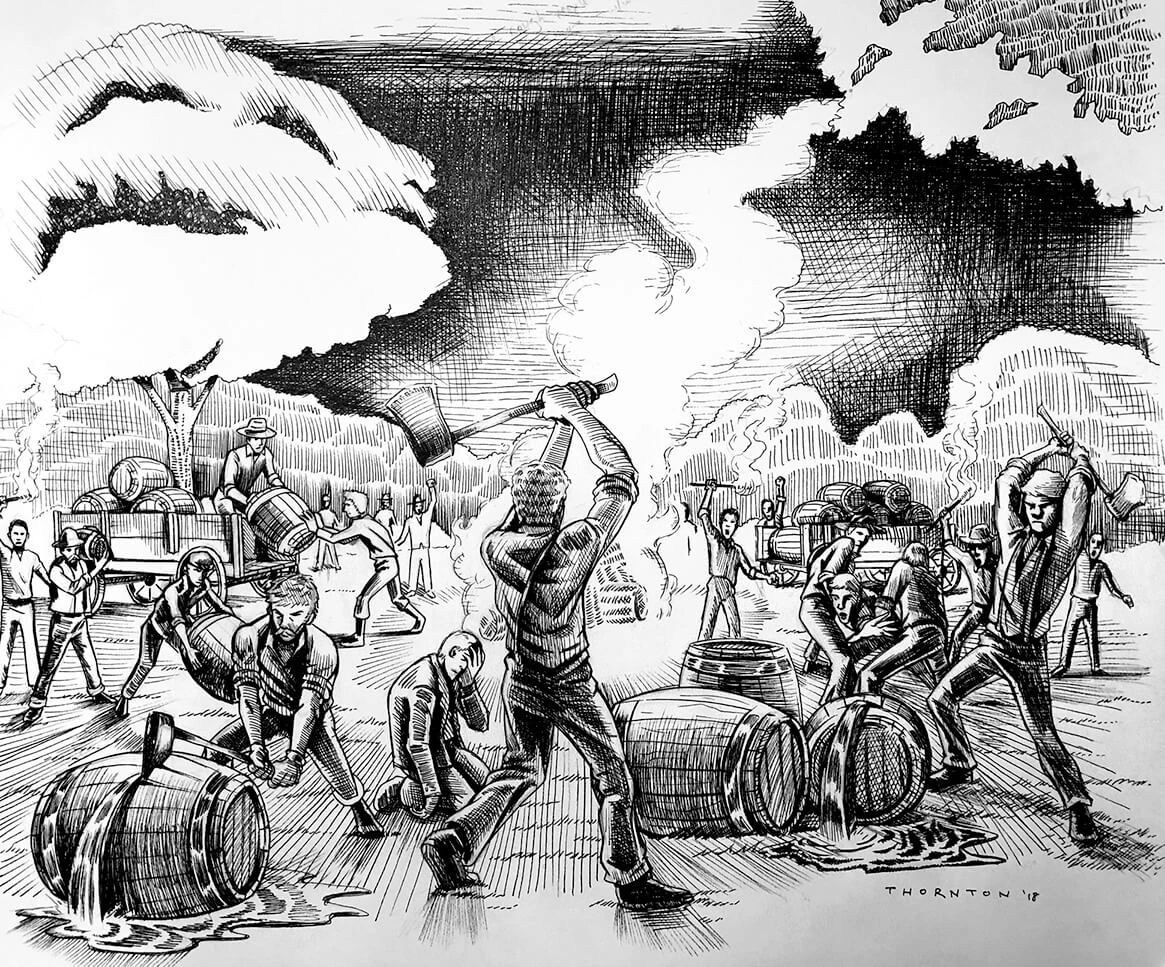 Black and white illustration of a group of men destroying liquor barrels with axes. Smoke and flames are seen in the background.