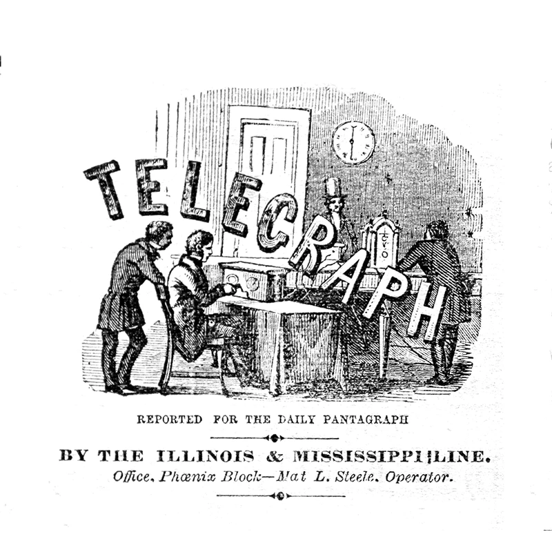 Black and white cartoon of men sitting around a telegraph with ‘telegraph’ written in block letters.