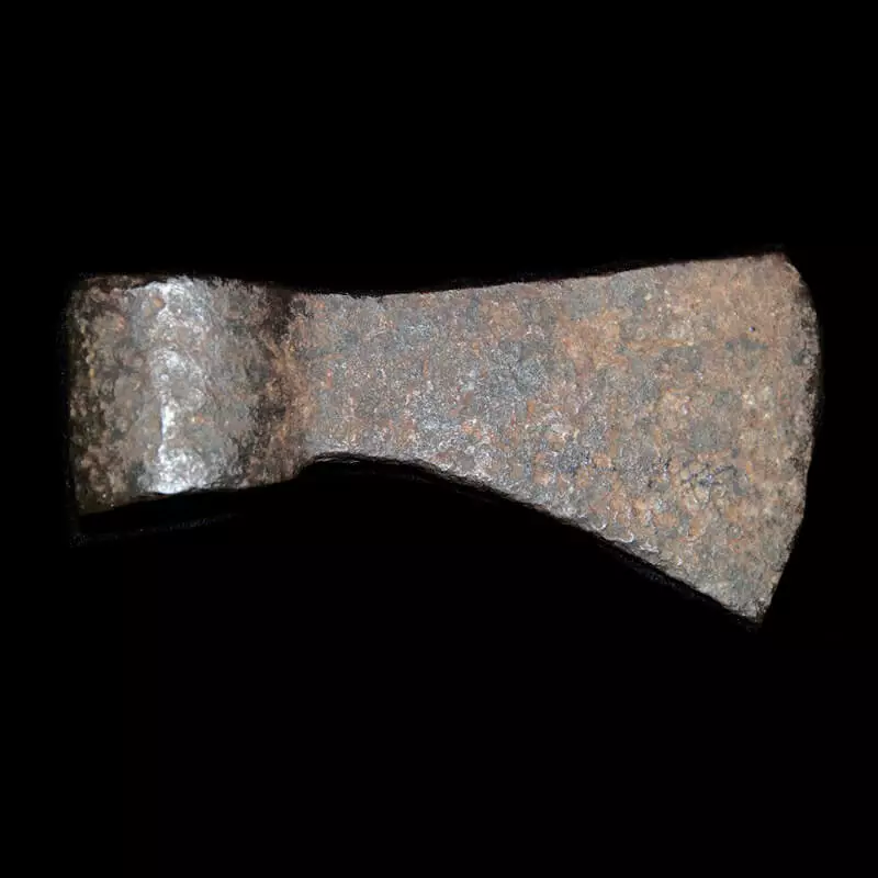 Photograph of a metal axe head with small patches of rust.